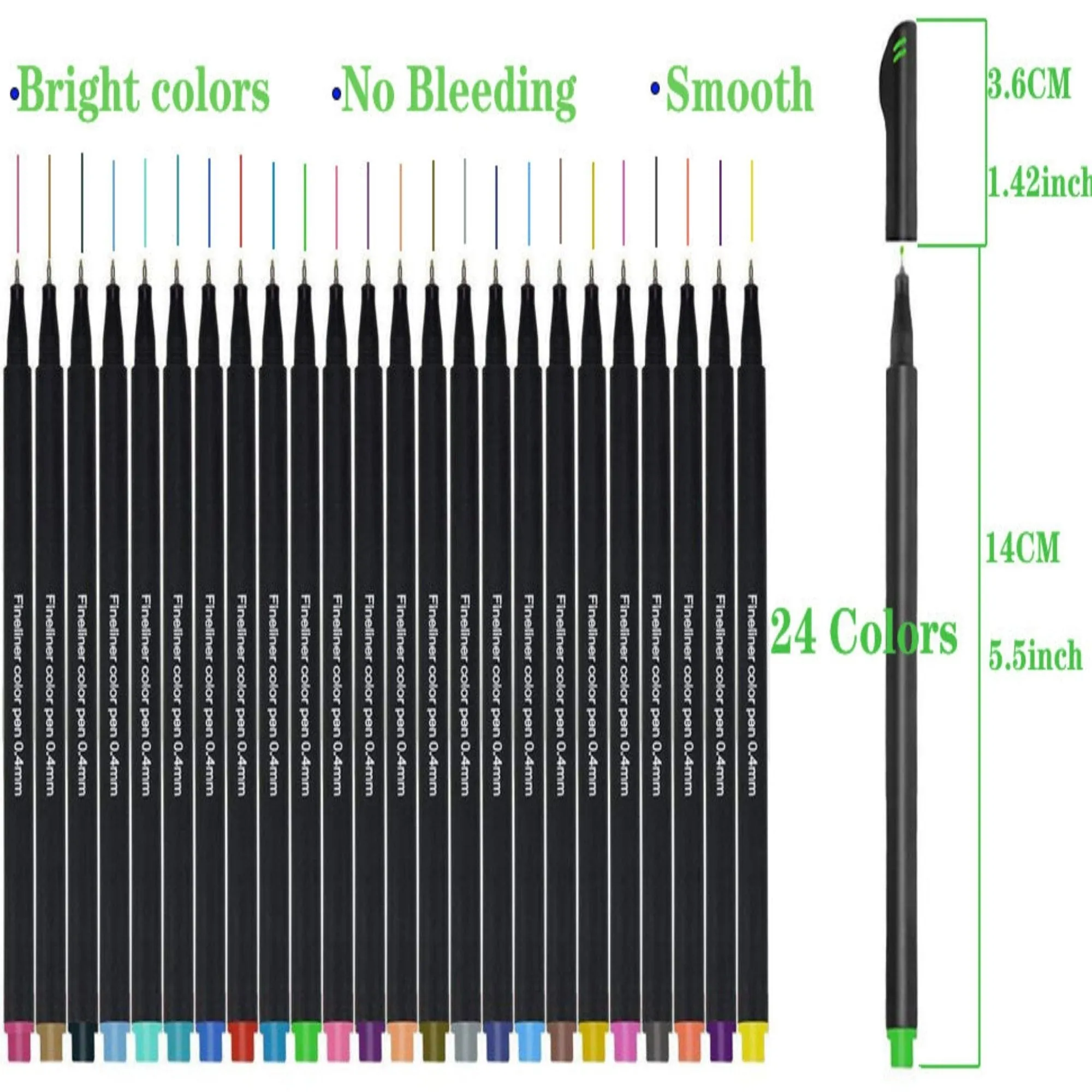 24 Colors Fineliner Coloured Pens Pigment Based 0.4mm