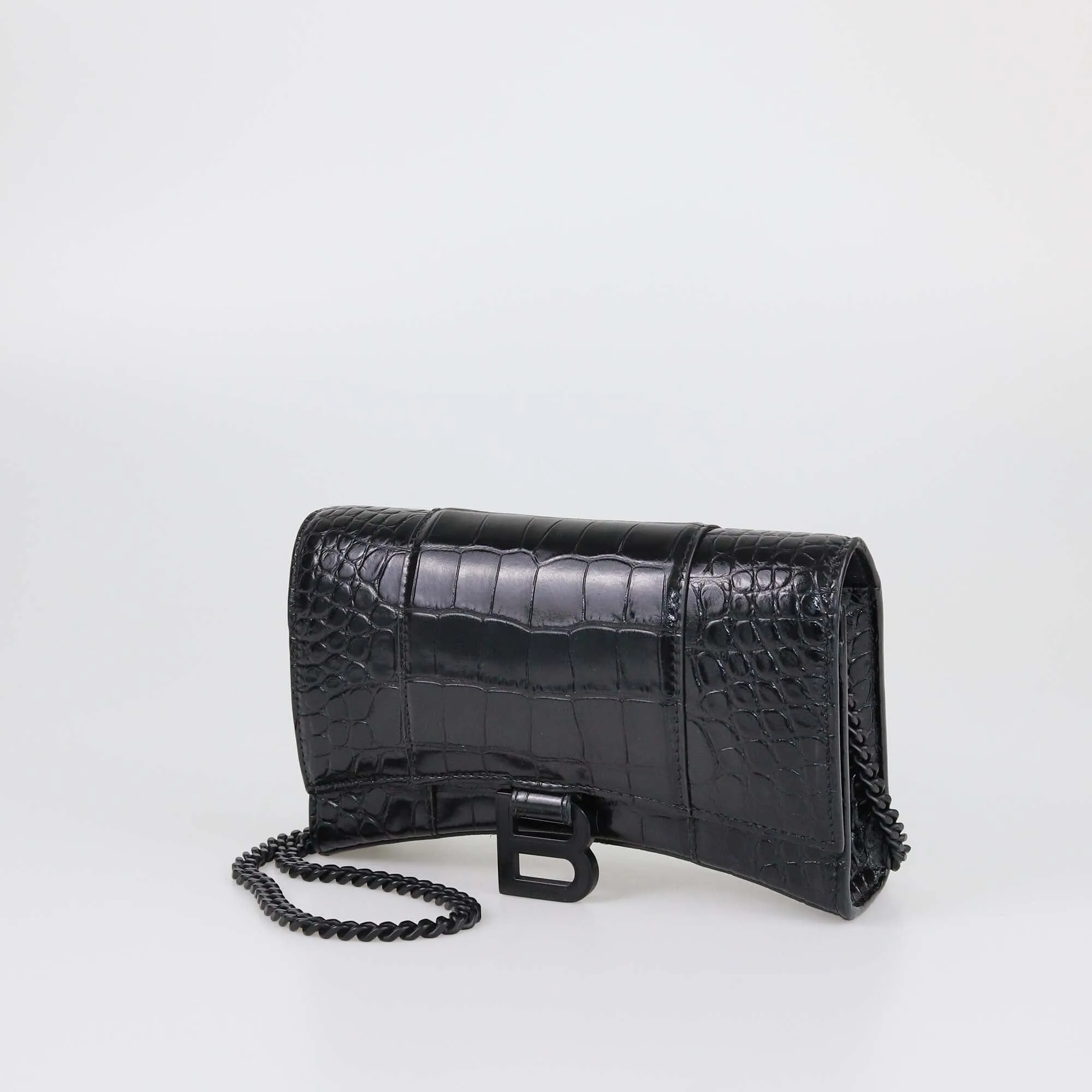 Balenciaga Black Croc Embossed Hourglass Wallet On Chain