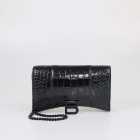 Balenciaga Black Croc Embossed Hourglass Wallet On Chain
