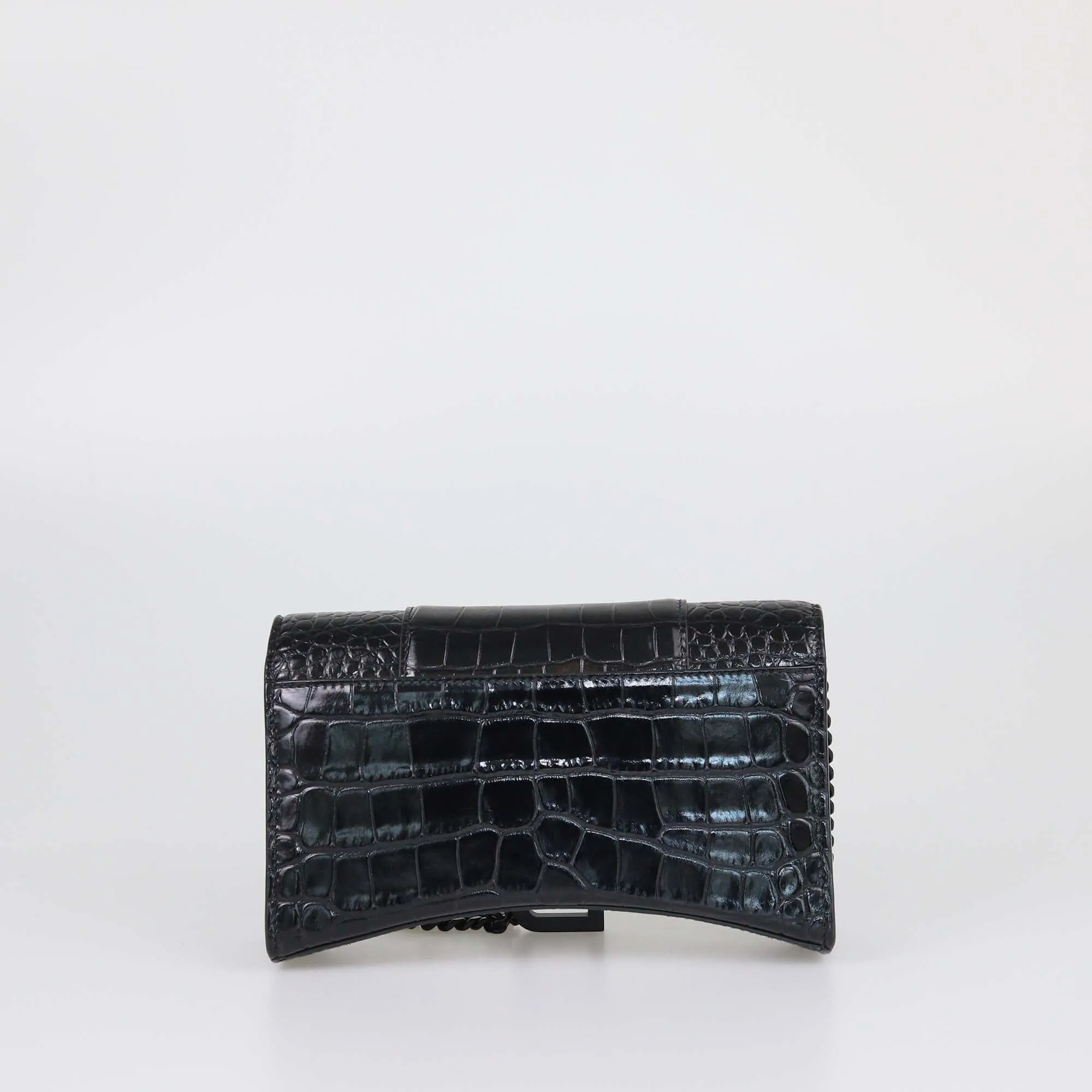 Balenciaga Black Croc Embossed Hourglass Wallet On Chain