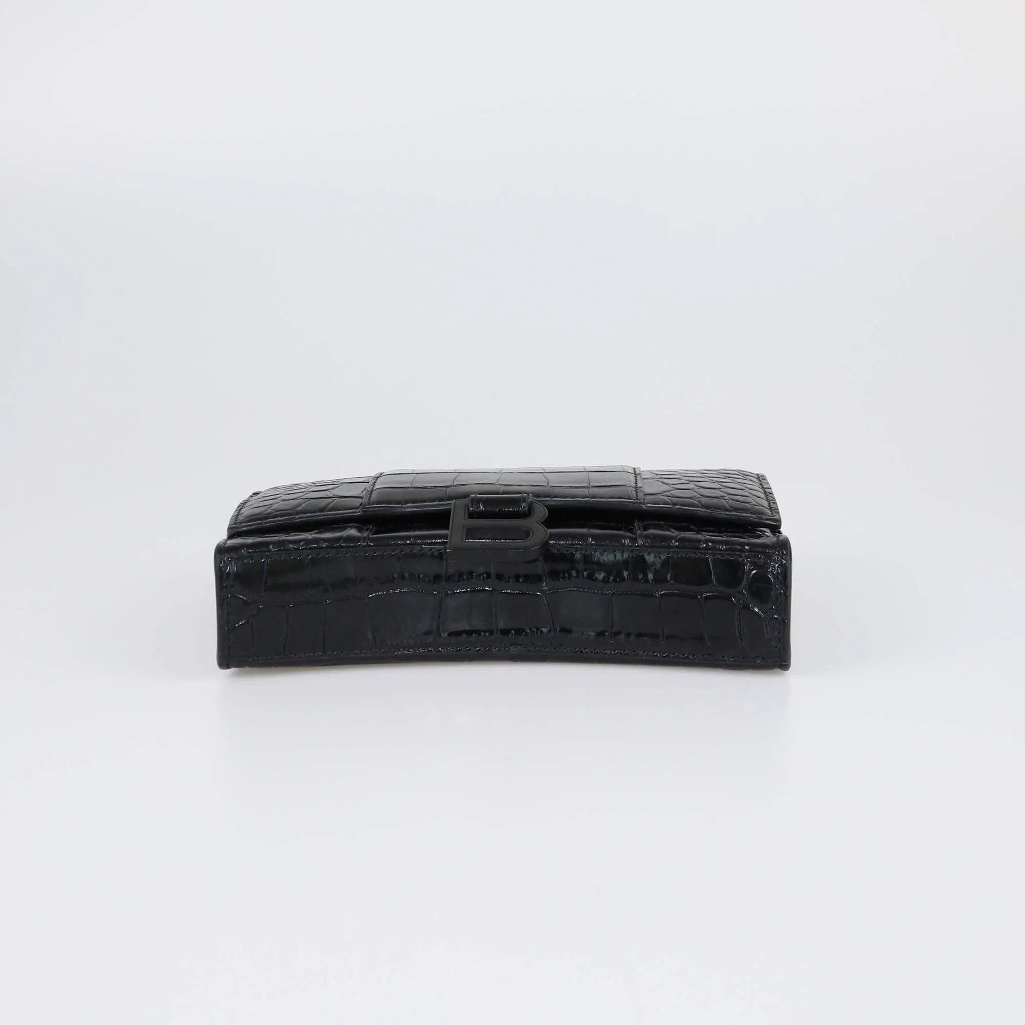 Balenciaga Black Croc Embossed Hourglass Wallet On Chain
