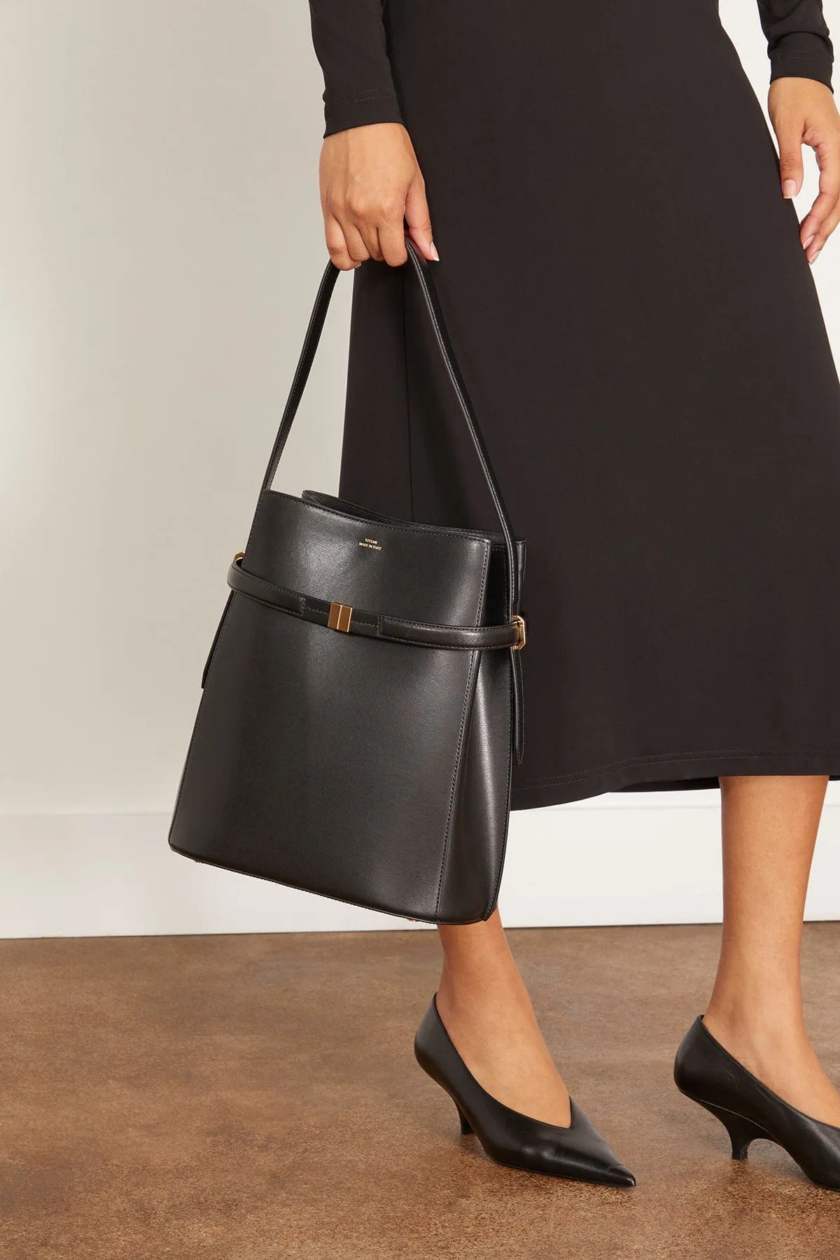 Belted Leather Bucket Bag in Black