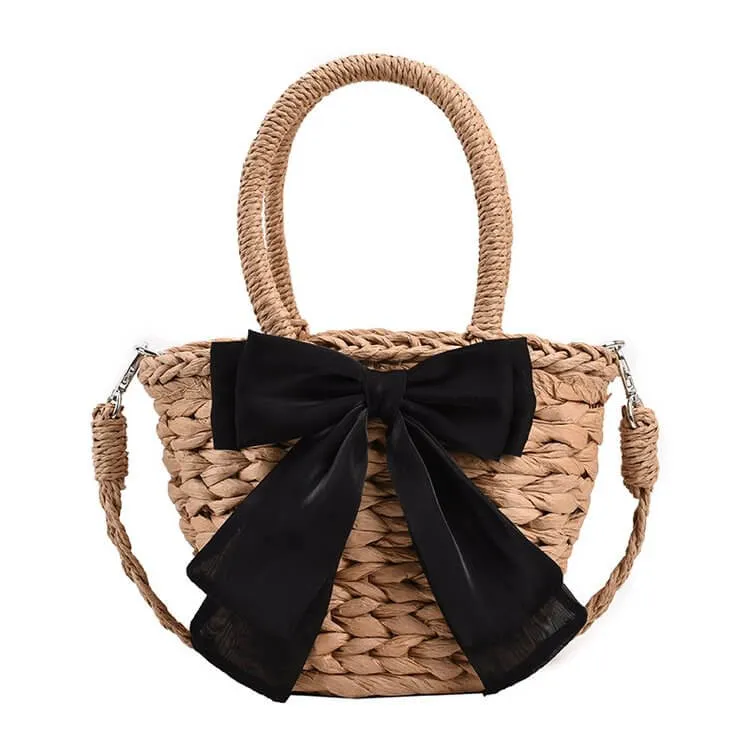 Bow Decor Small Crossbody Straw Tote Bags For Summer -Showtown