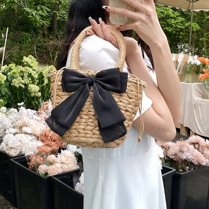 Bow Decor Small Crossbody Straw Tote Bags For Summer -Showtown