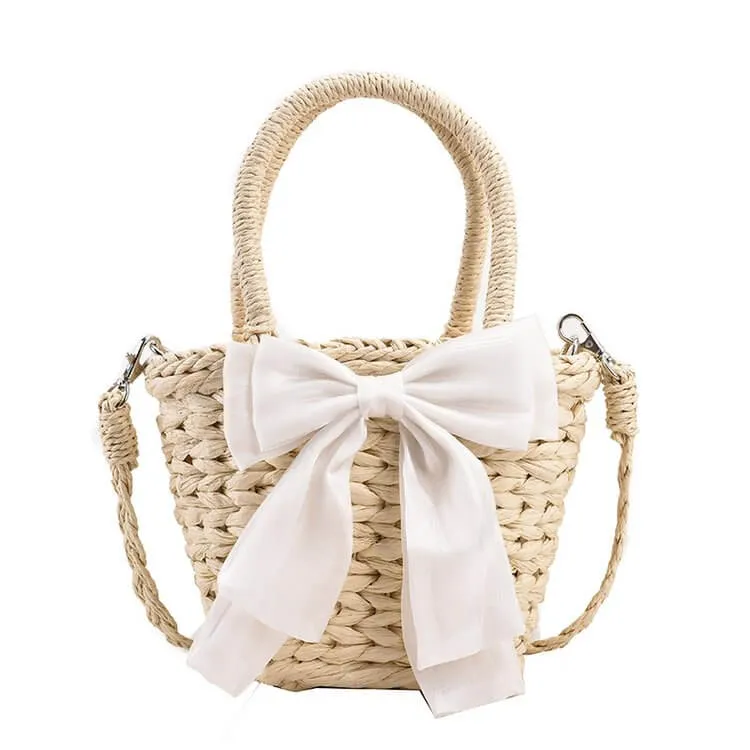 Bow Decor Small Crossbody Straw Tote Bags For Summer -Showtown