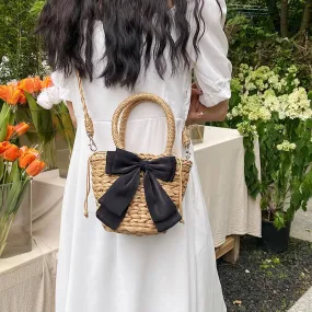 Bow Decor Small Crossbody Straw Tote Bags For Summer -Showtown