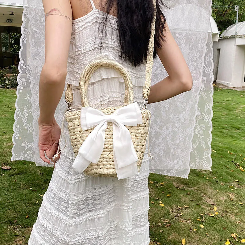Bow Decor Small Crossbody Straw Tote Bags For Summer -Showtown