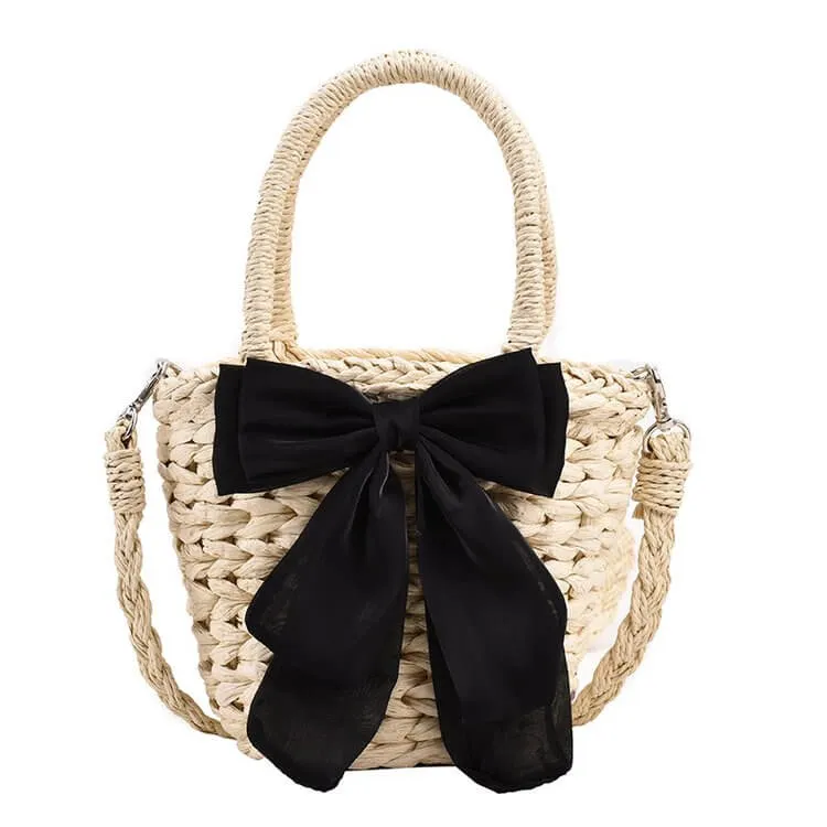 Bow Decor Small Crossbody Straw Tote Bags For Summer -Showtown