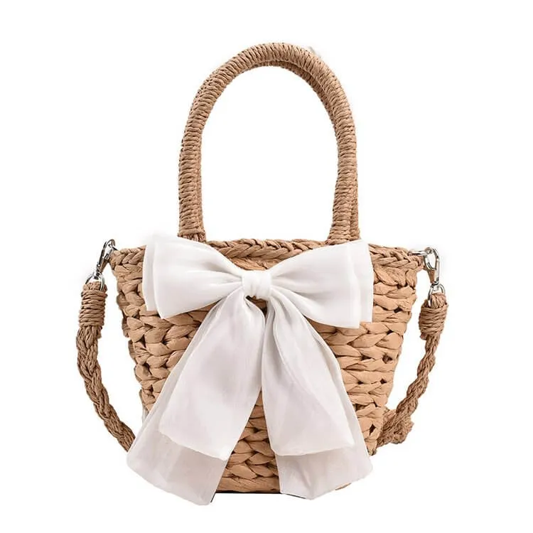 Bow Decor Small Crossbody Straw Tote Bags For Summer -Showtown