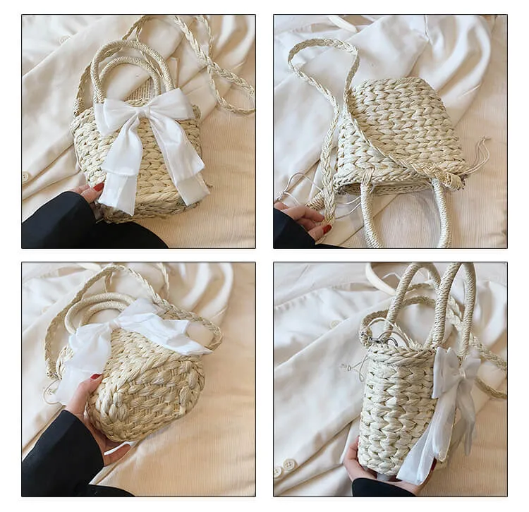 Bow Decor Small Crossbody Straw Tote Bags For Summer -Showtown