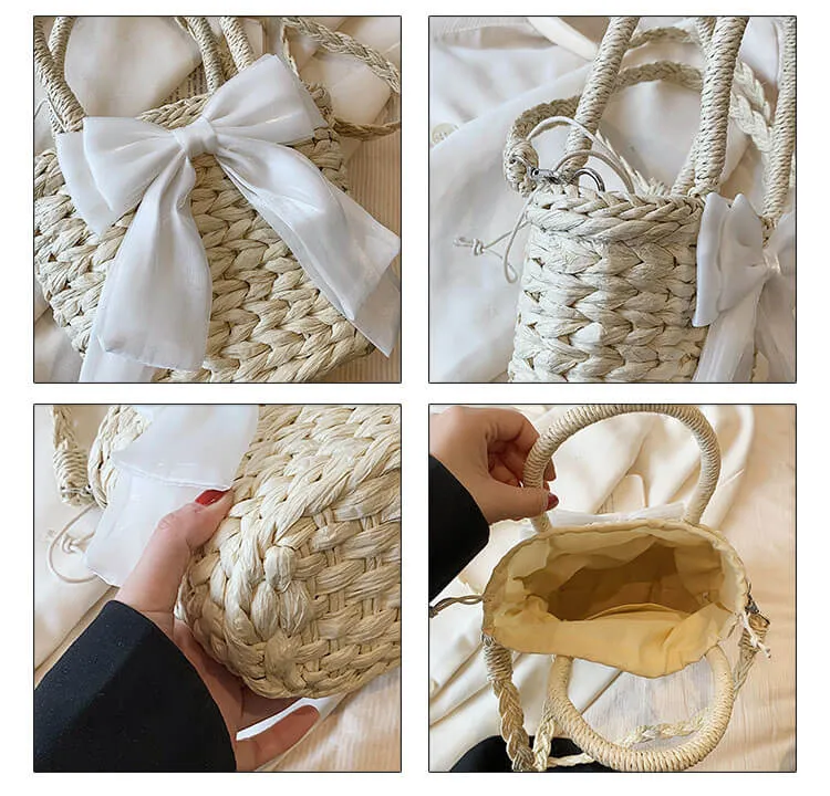 Bow Decor Small Crossbody Straw Tote Bags For Summer -Showtown