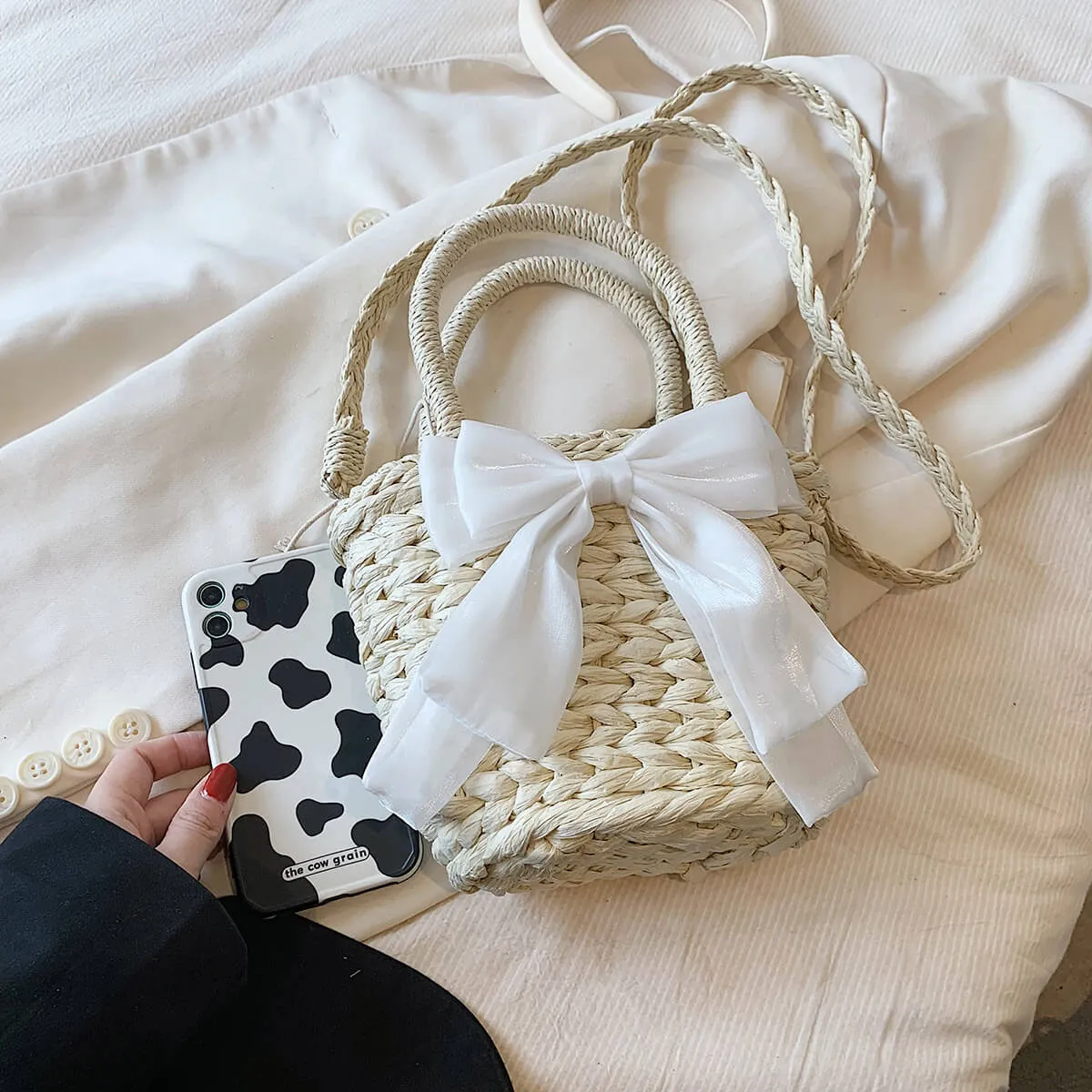 Bow Decor Small Crossbody Straw Tote Bags For Summer -Showtown