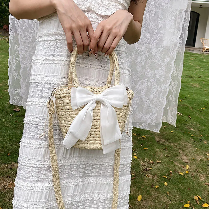 Bow Decor Small Crossbody Straw Tote Bags For Summer -Showtown