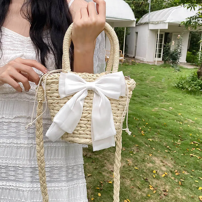 Bow Decor Small Crossbody Straw Tote Bags For Summer -Showtown