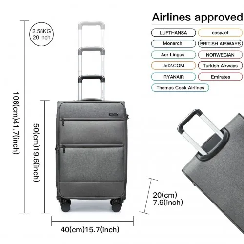 British Traveller 20 Inch Lightweight Cabin Carry-On Suitcase with Laptop Compartment - Grey
