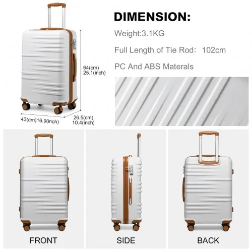 British Traveller 24" Durable Polycarbonate & ABS Hard Shell Suitcase with TSA Lock - White