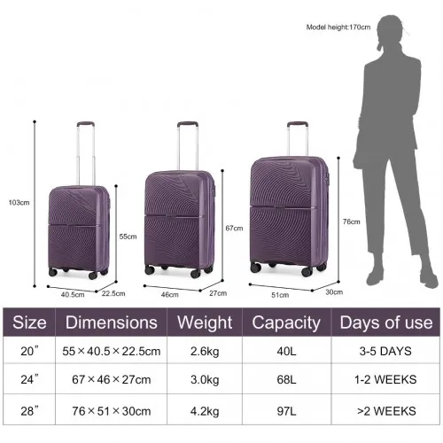 British Traveller 3 Piece Set - Spinner Hard Shell Luggage with TSA Lock - Purple