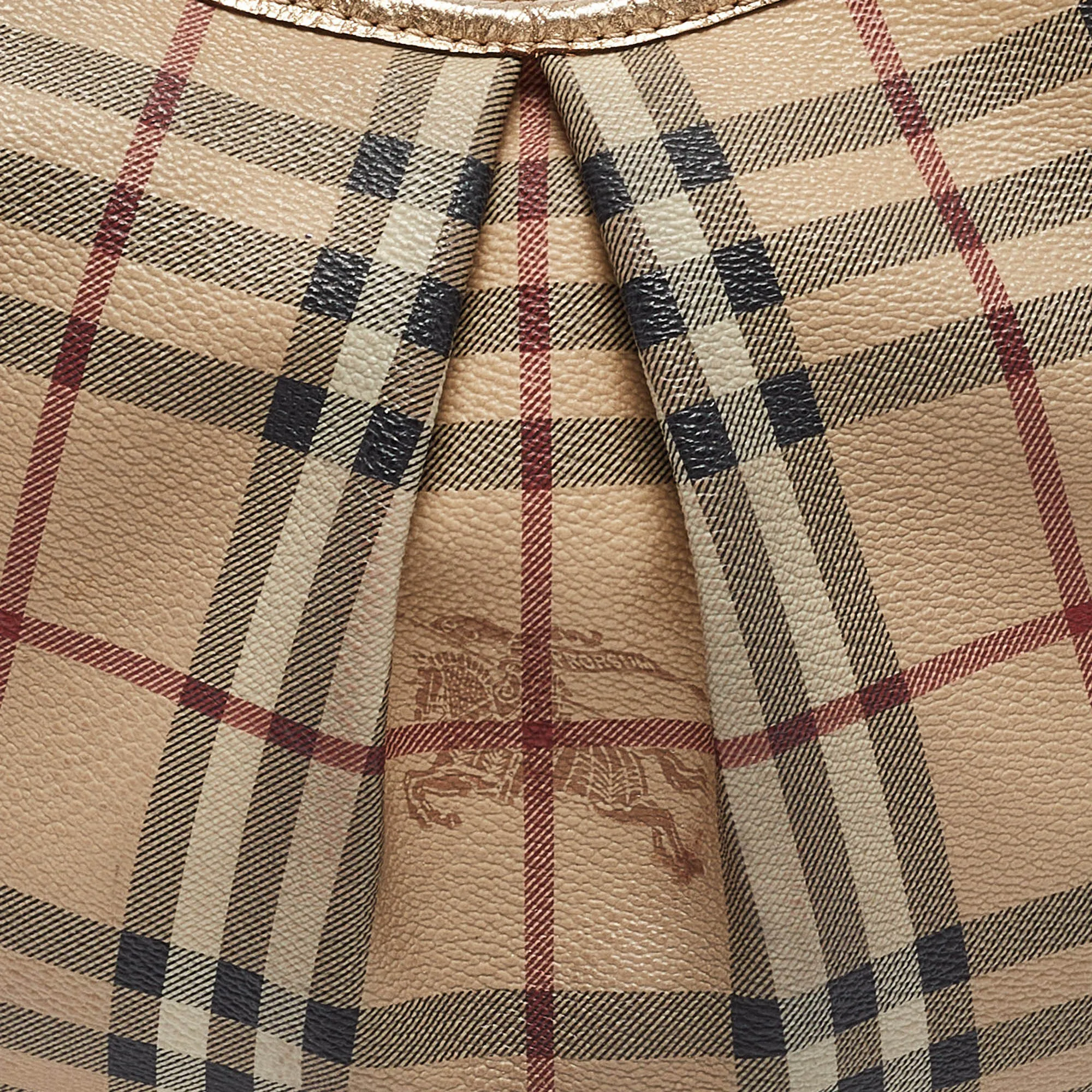 BURBERRY Gold/Beige Haymarket Coated Canvas Hobo
