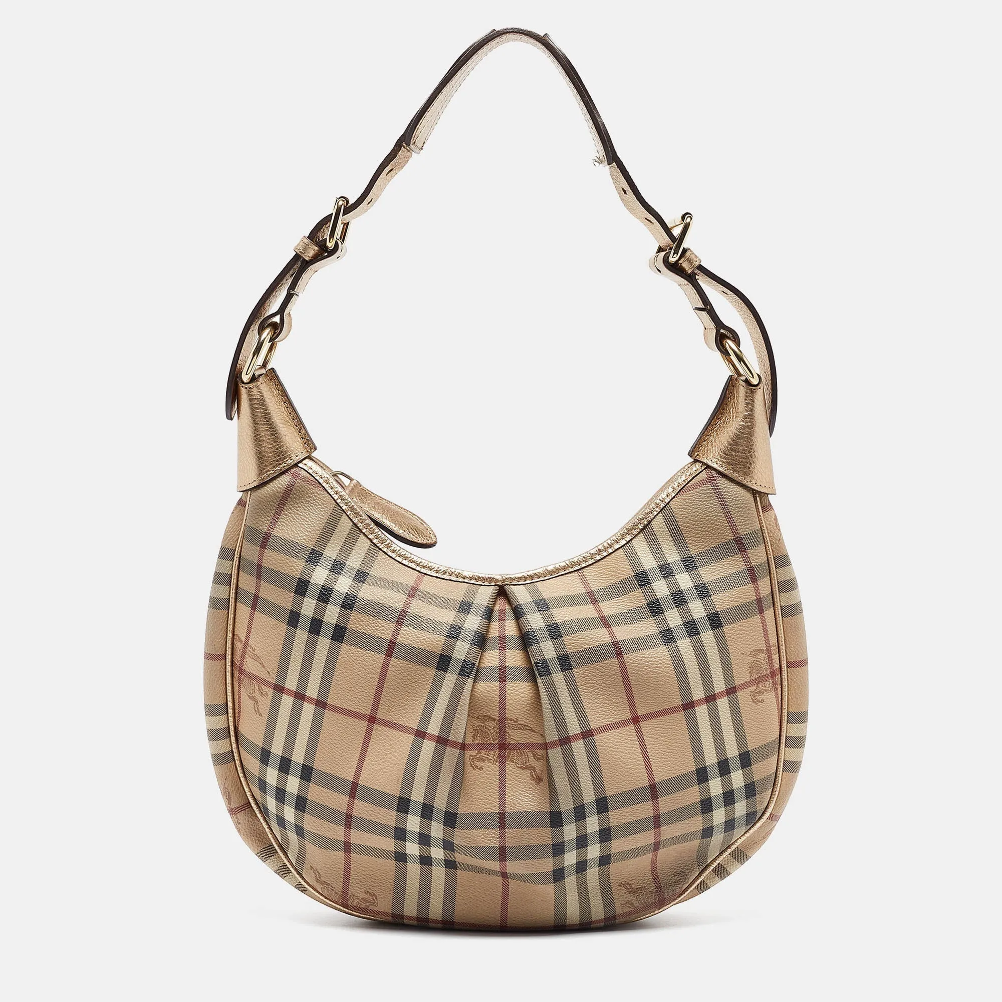 BURBERRY Gold/Beige Haymarket Coated Canvas Hobo