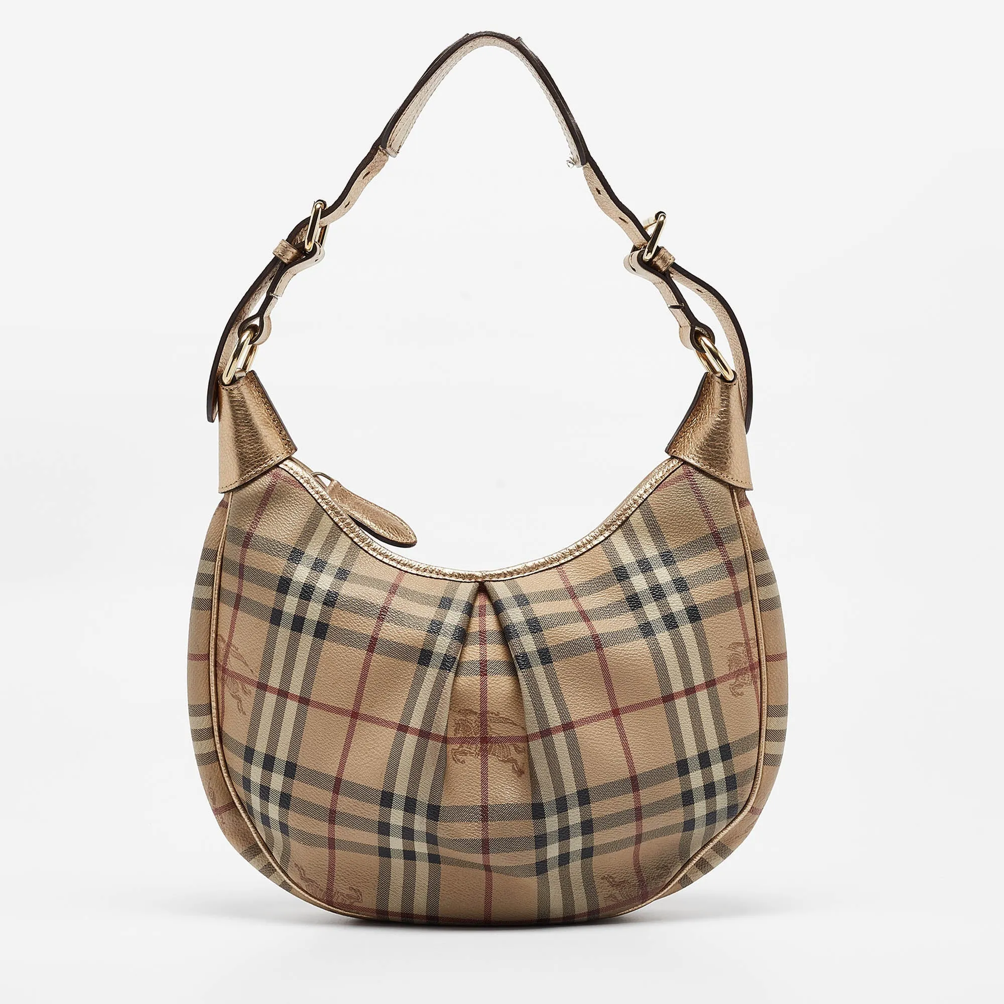 BURBERRY Gold/Beige Haymarket Coated Canvas Hobo