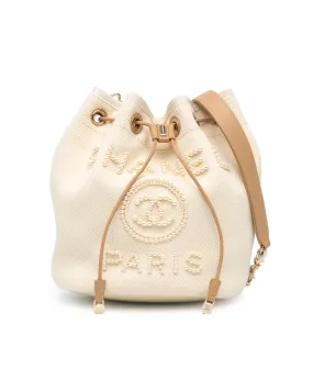 Canvas Bucket Bag with Faux Pearl Details and Leather Woven Chain Strap