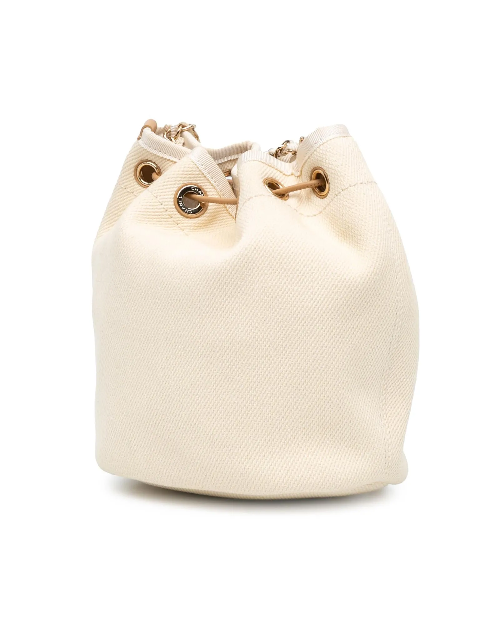 Canvas Bucket Bag with Faux Pearl Details and Leather Woven Chain Strap