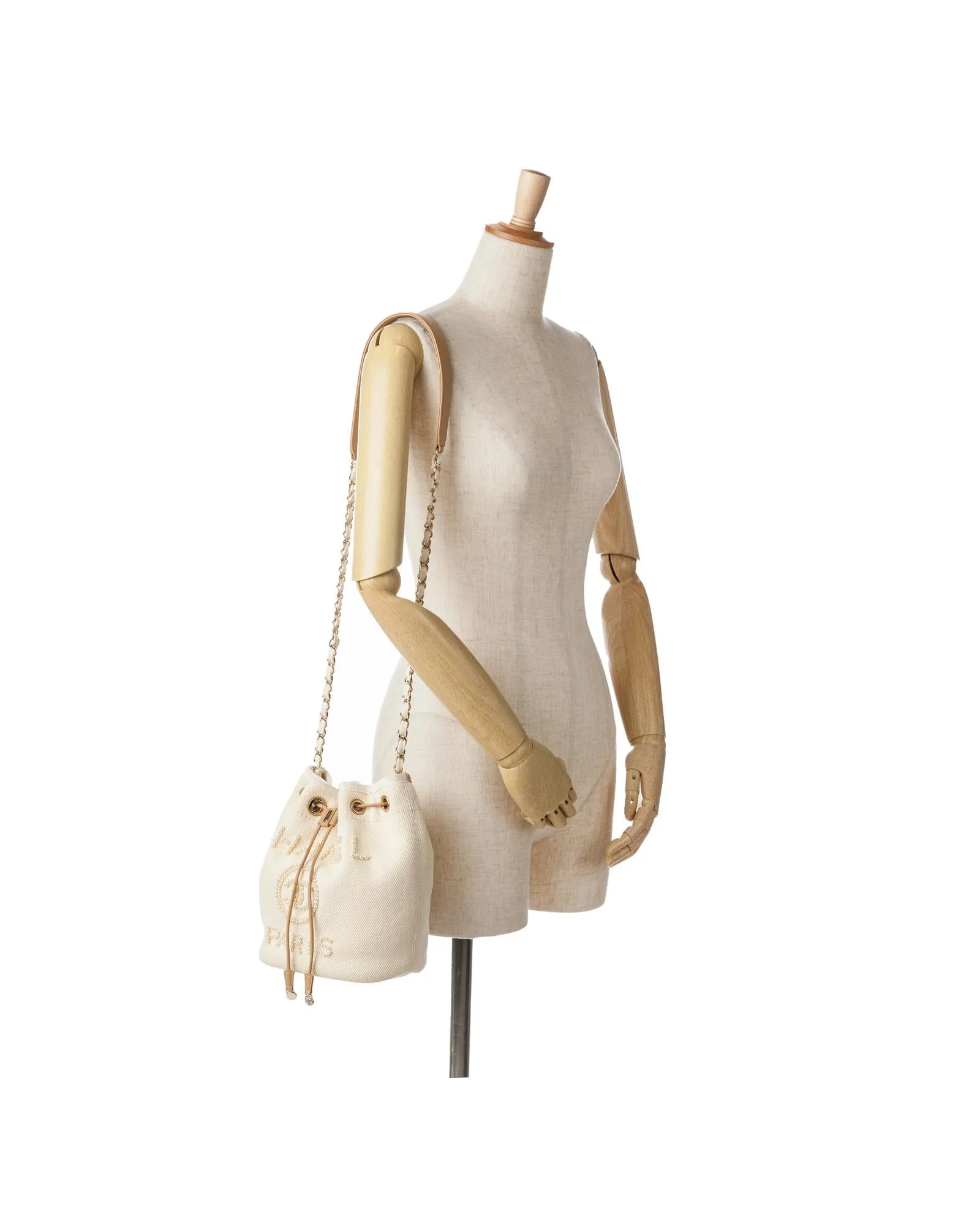 Canvas Bucket Bag with Faux Pearl Details and Leather Woven Chain Strap