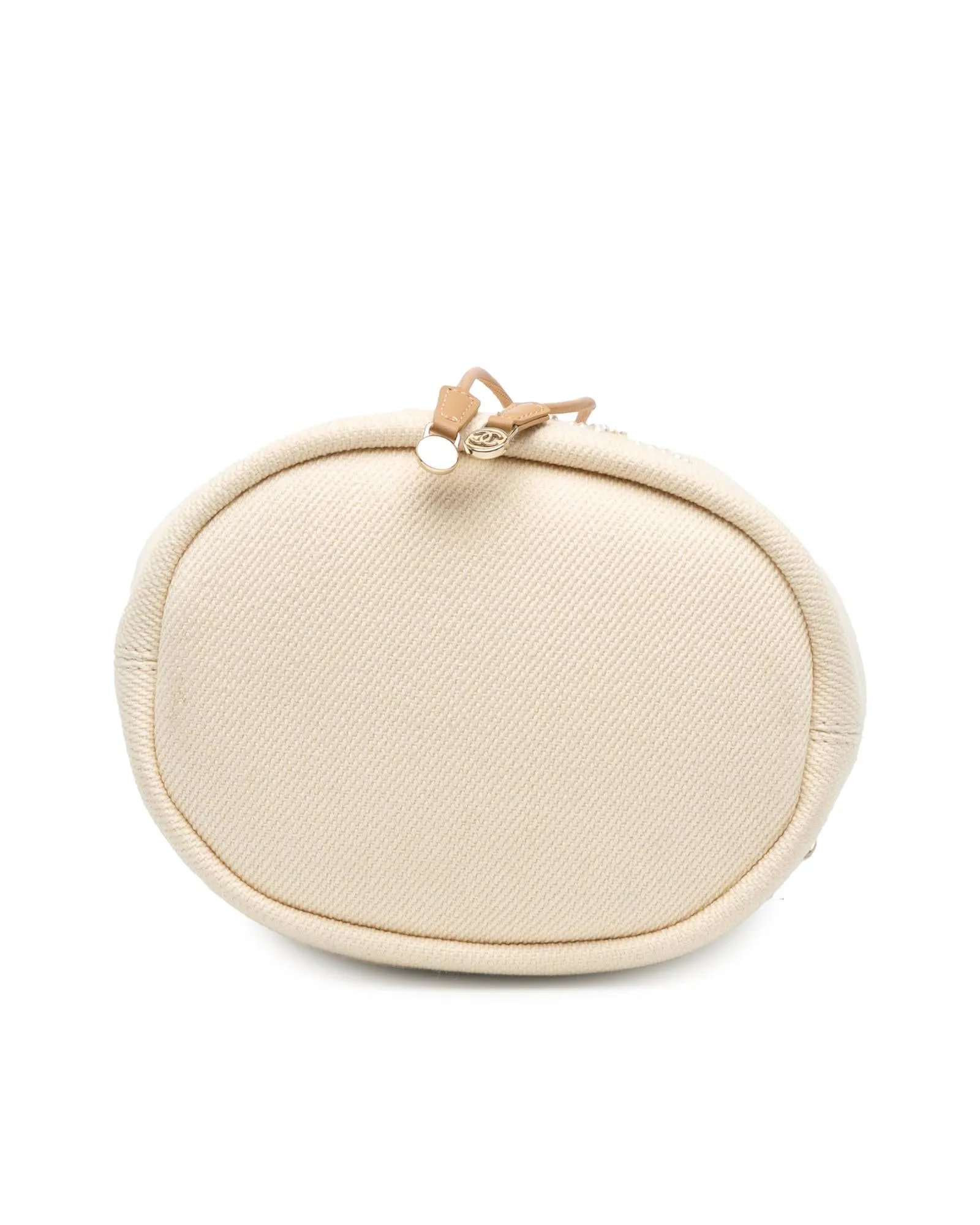 Canvas Bucket Bag with Faux Pearl Details and Leather Woven Chain Strap
