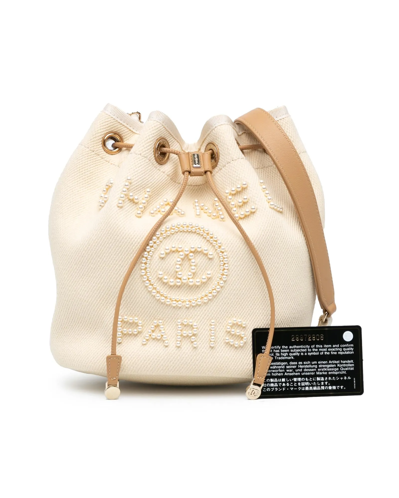 Canvas Bucket Bag with Faux Pearl Details and Leather Woven Chain Strap