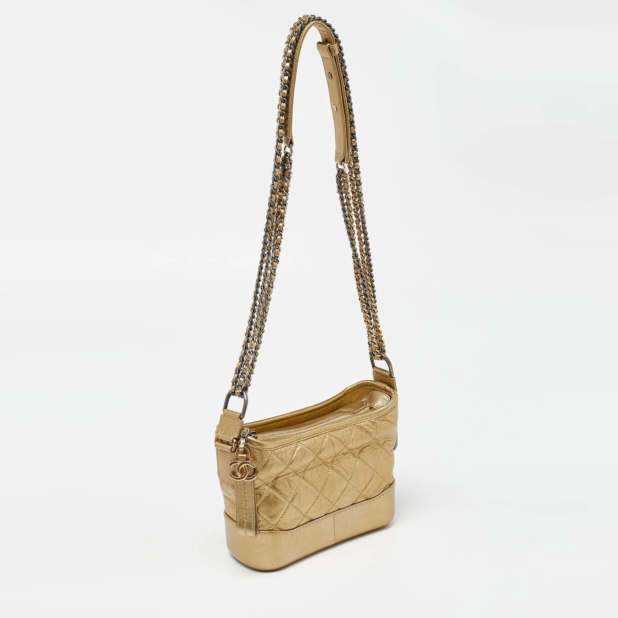 CHANEL Gold Quilted Aged Leather Small Gabrielle Hobo