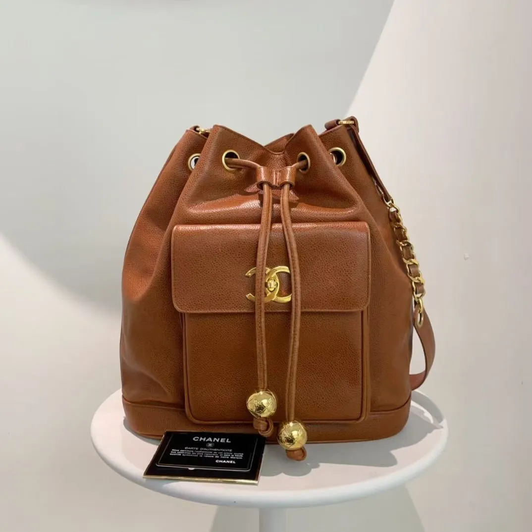 Chanel Vintage Brown Leather Drawstring Shoulder Bag 1994-1996