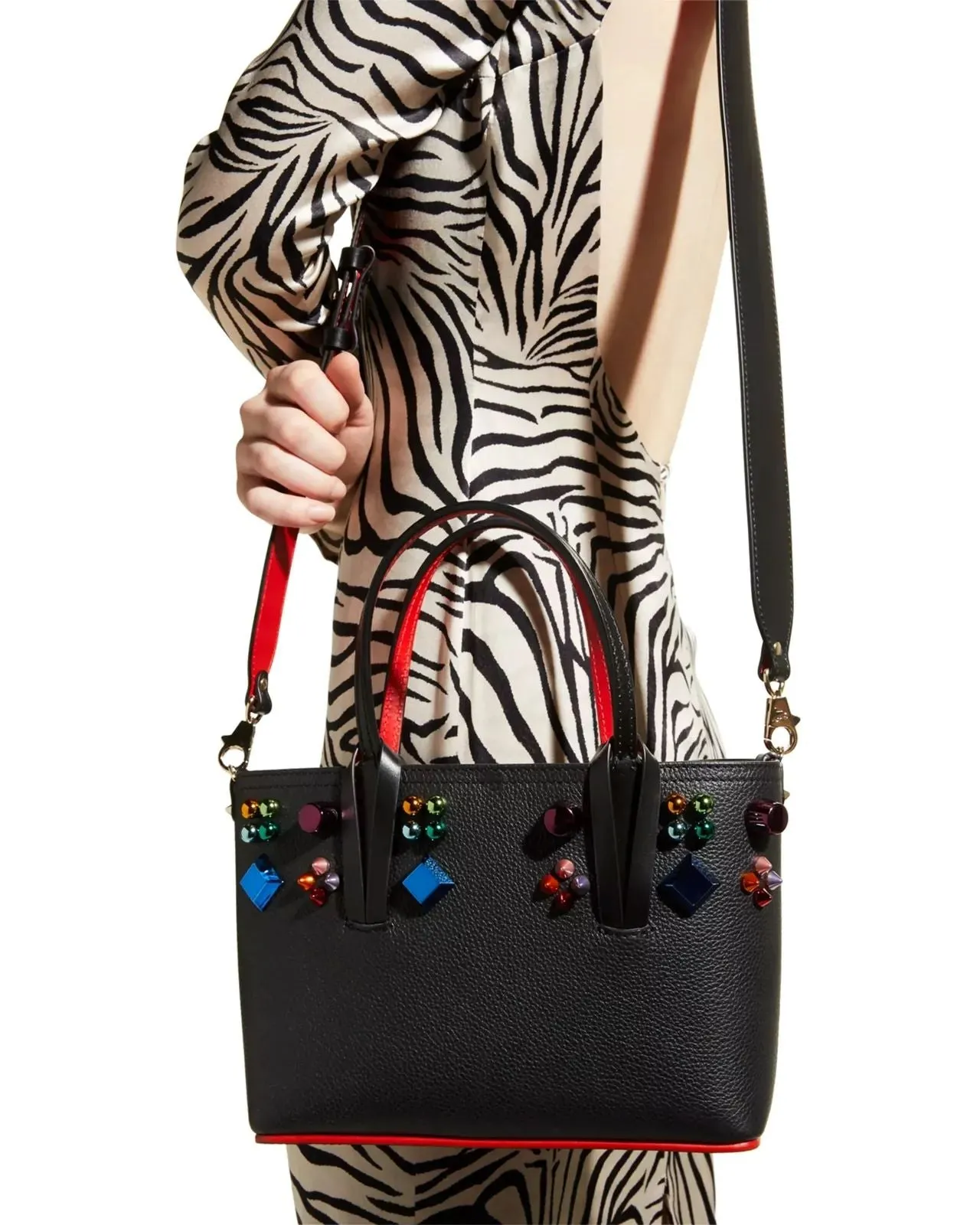Christian Louboutin Cabata Mini Spike Leather Tote Bag Black Red Handbag NEW