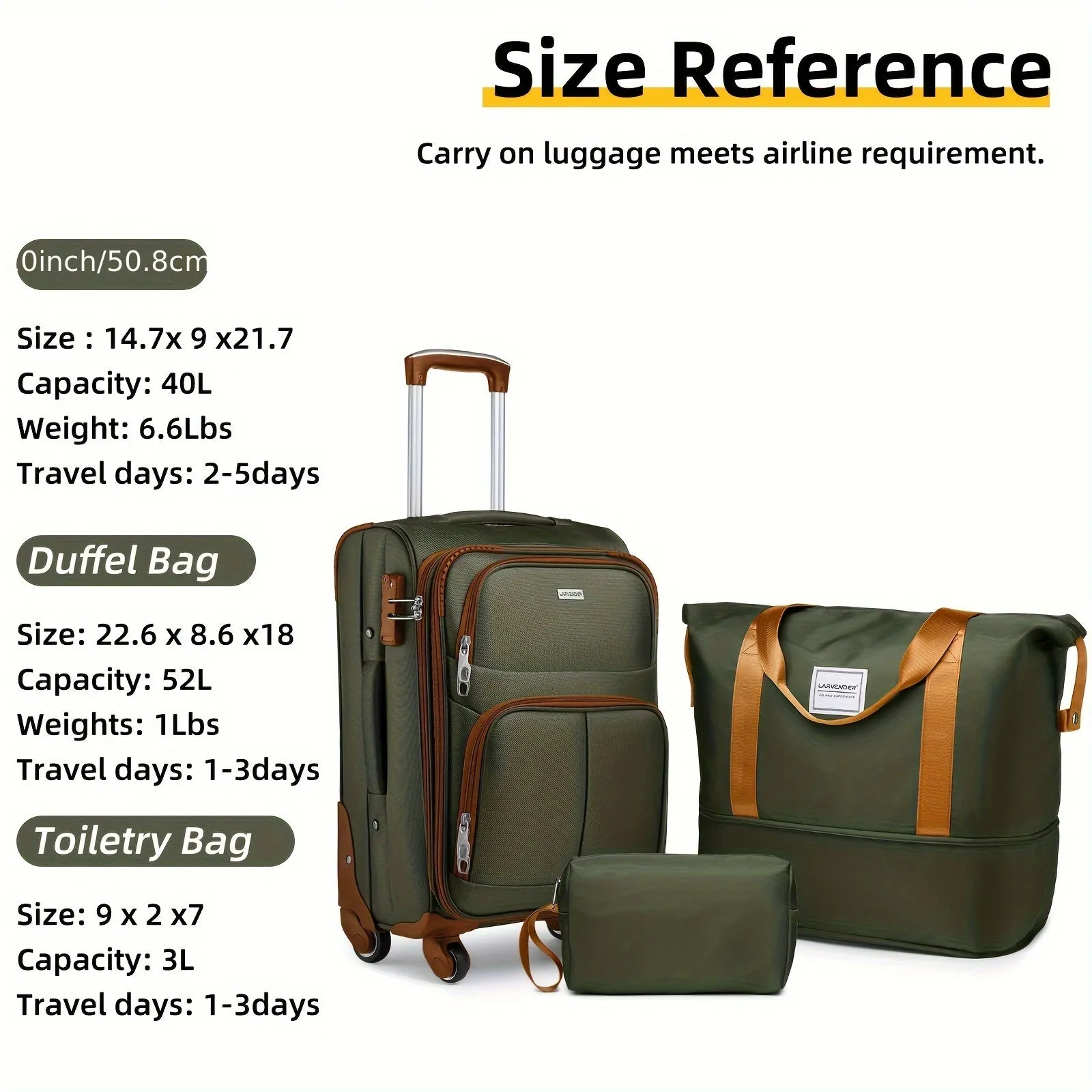Classy Lightweight Soft Edge 3 Piece Luggage Set - Expandable 20 Inch Carry On Luggage 22x14x9 with TSA Lock Wheels