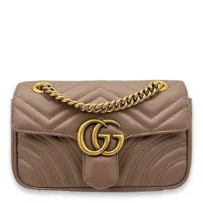 GG Marmont Mini Beige Crossbody Bag in Calfskin, Gold hardware