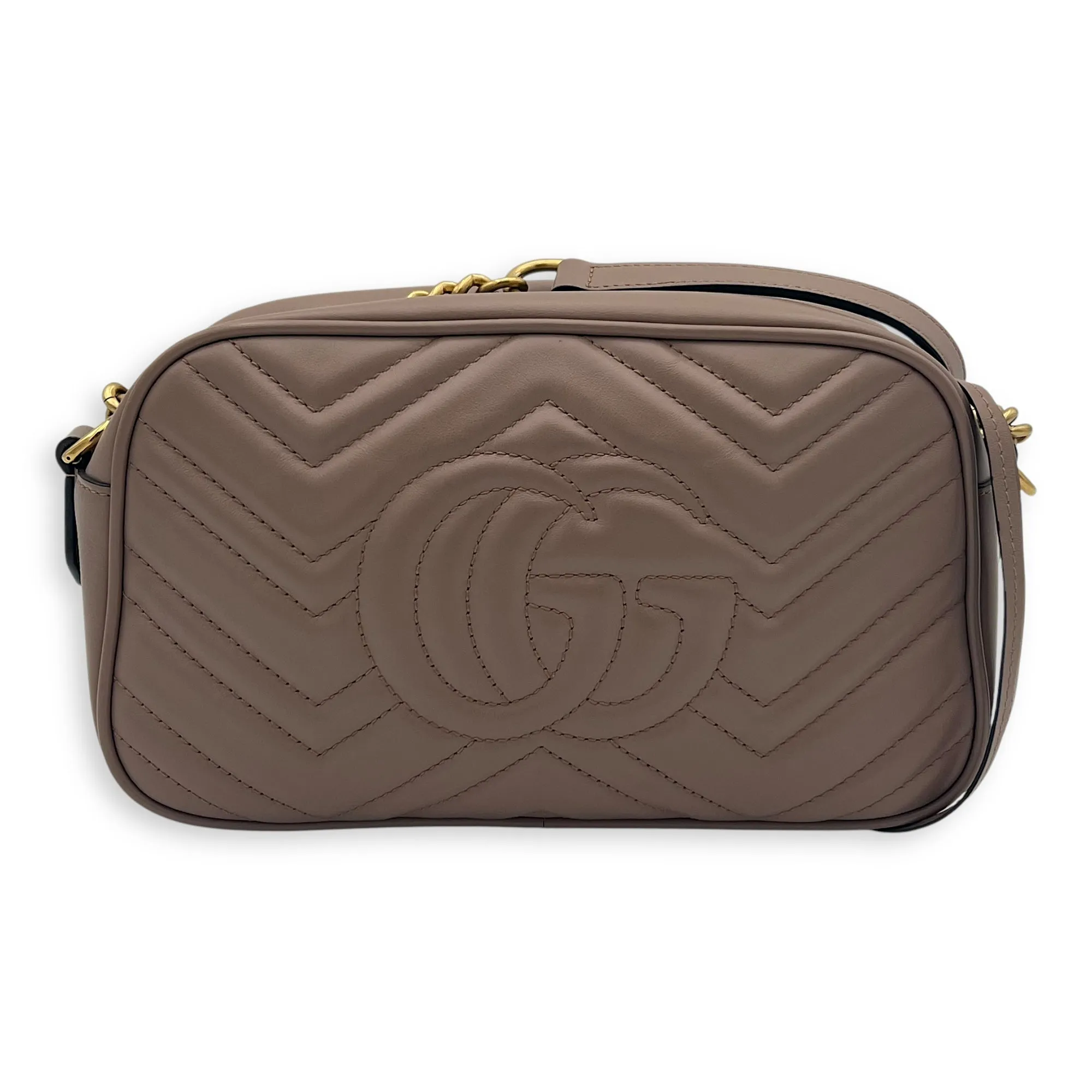 GG Marmont Small Beige Crossbody Bag in Calfskin, Gold hardware