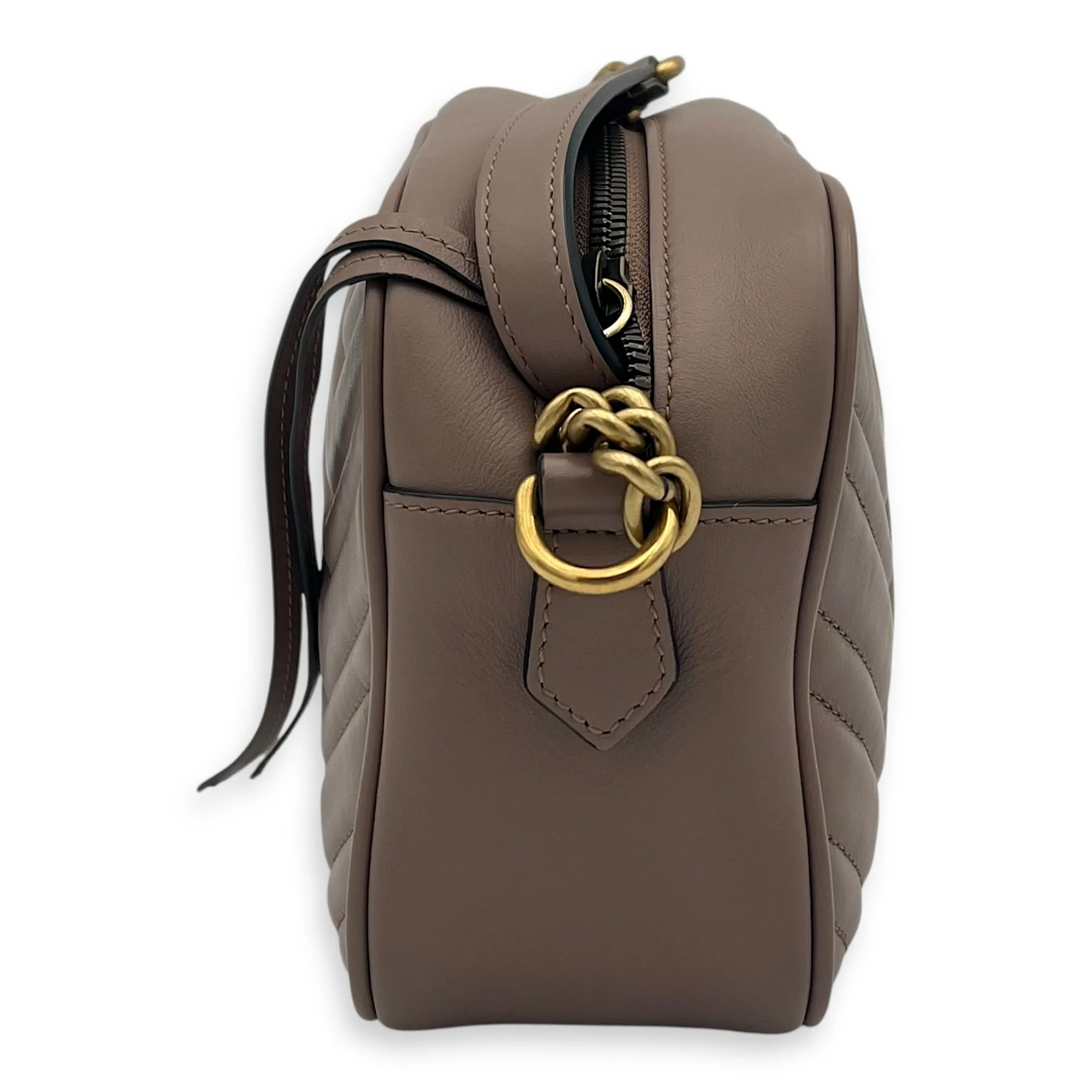 GG Marmont Small Beige Crossbody Bag in Calfskin, Gold hardware