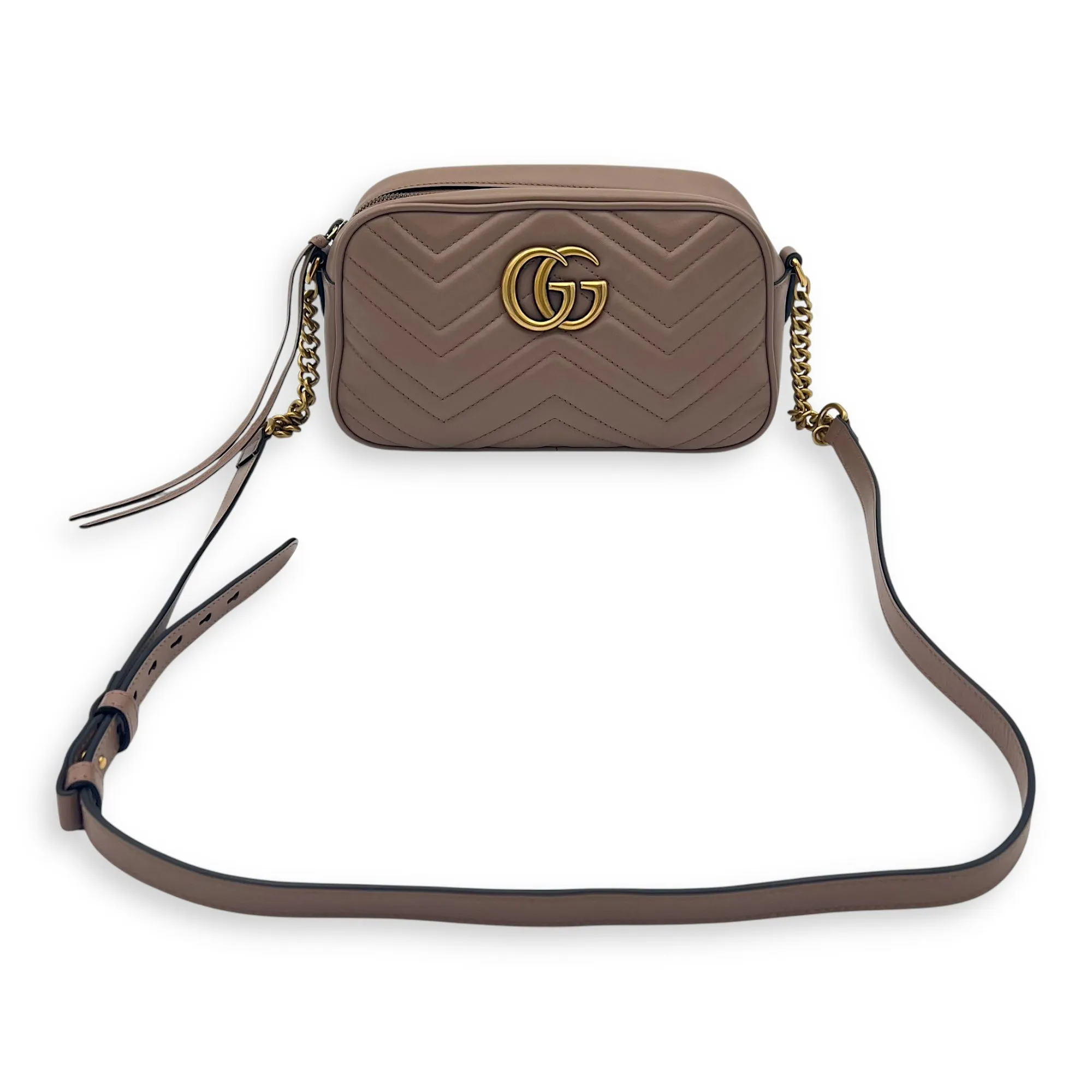 GG Marmont Small Beige Crossbody Bag in Calfskin, Gold hardware