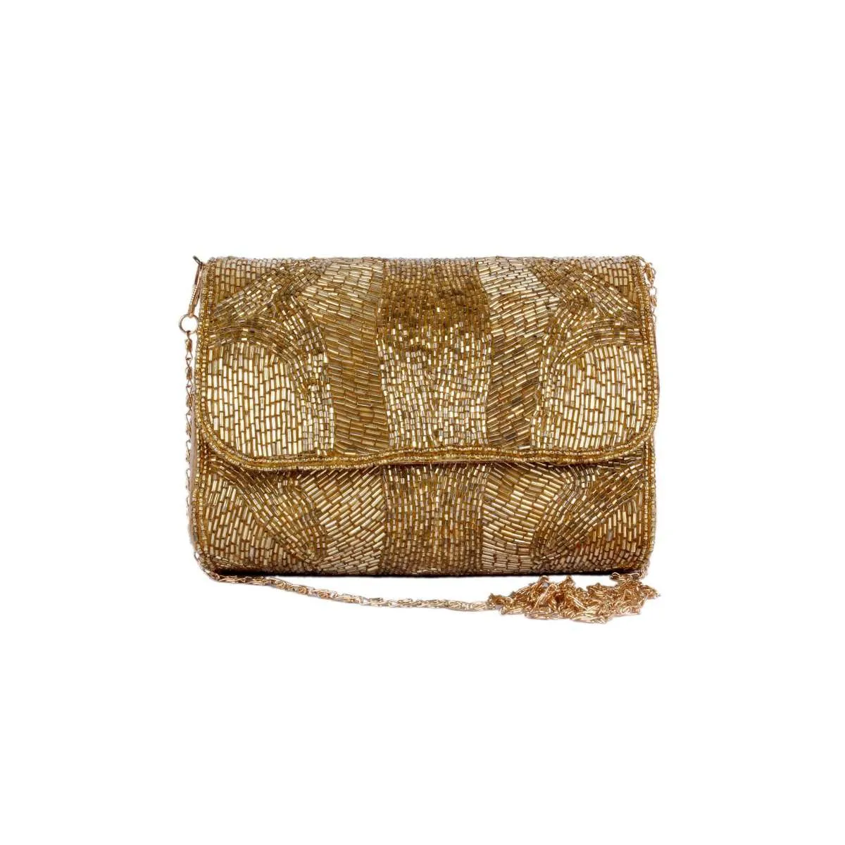 Golden Clutch Bag Embellished With Cut Dana Work In Abstract Design Online - Kalki Fashion