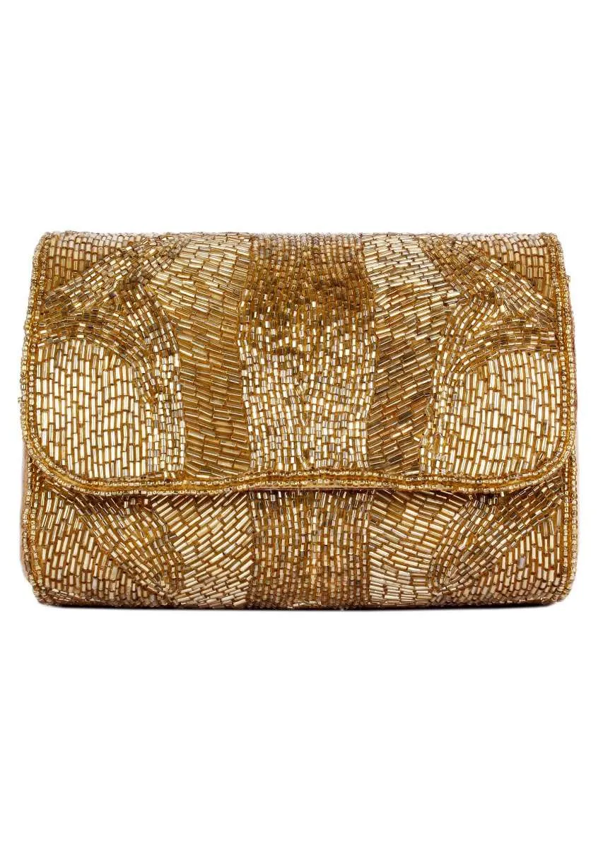 Golden Clutch Bag Embellished With Cut Dana Work In Abstract Design Online - Kalki Fashion