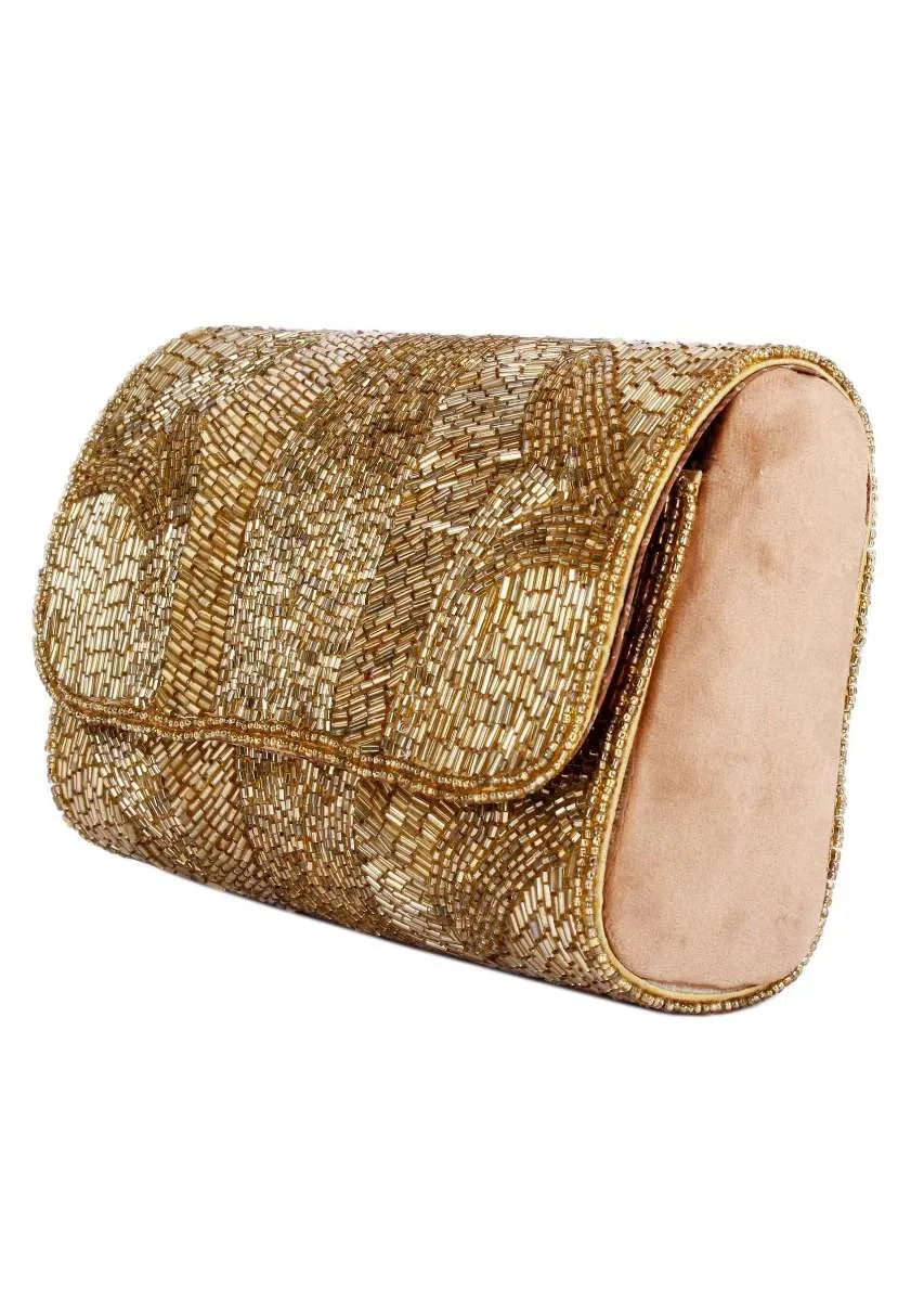 Golden Clutch Bag Embellished With Cut Dana Work In Abstract Design Online - Kalki Fashion