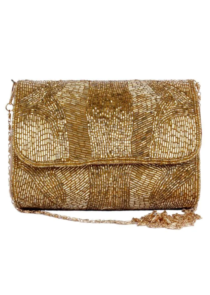 Golden Clutch Bag Embellished With Cut Dana Work In Abstract Design Online - Kalki Fashion