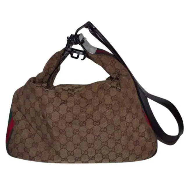 Gucci Vintage Shades Of Brown Large G Logo Leather Canvas Hobo Bag