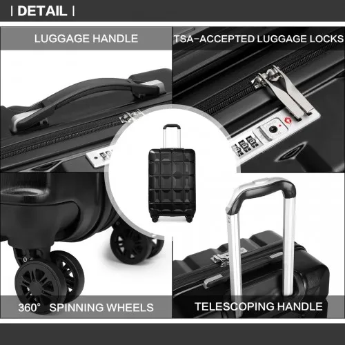 Kono 20 Inch Black Lightweight Hard Shell ABS Luggage Cabin Suitcase with TSA Lock - Stylish & Durable Travel Companion
