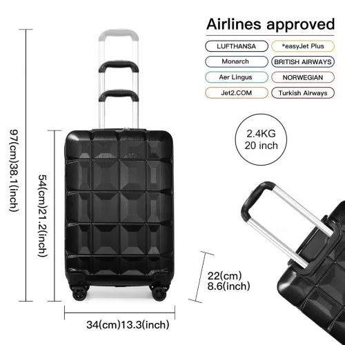 Kono 20 Inch Black Lightweight Hard Shell ABS Luggage Cabin Suitcase with TSA Lock - Stylish & Durable Travel Companion