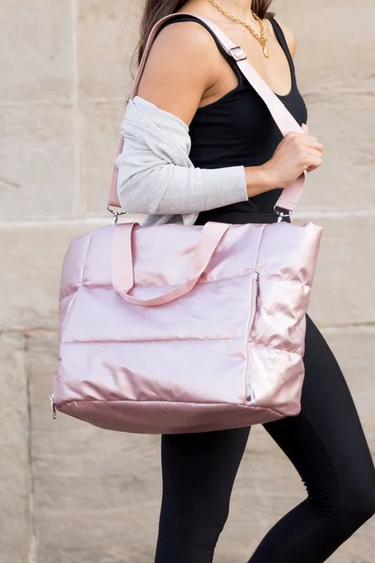 Stylish Metallic Puffer Oversized Gym Travel Tote Bag