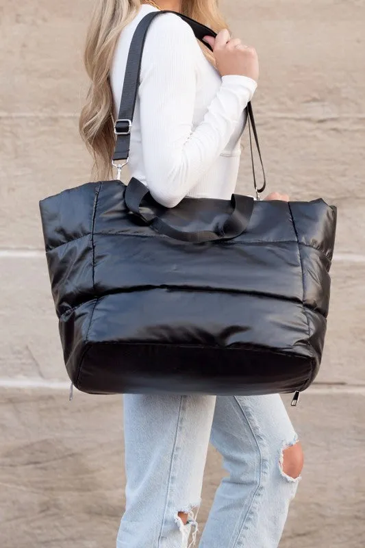 Stylish Metallic Puffer Oversized Gym Travel Tote Bag