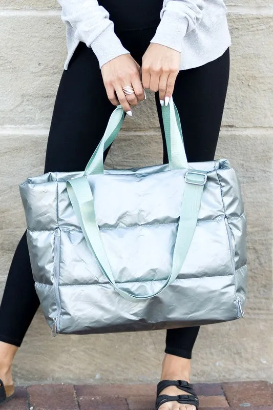 Stylish Metallic Puffer Oversized Gym Travel Tote Bag