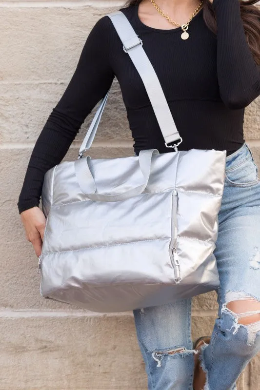 Stylish Metallic Puffer Oversized Gym Travel Tote Bag