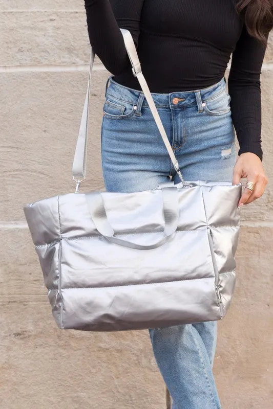 Stylish Metallic Puffer Oversized Gym Travel Tote Bag
