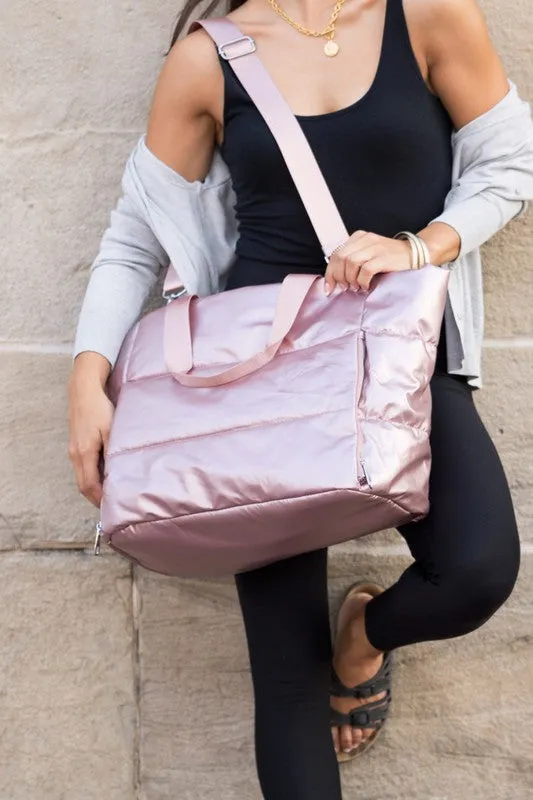 Stylish Metallic Puffer Oversized Gym Travel Tote Bag